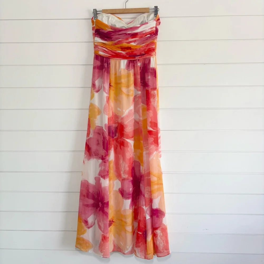 Ralph Lauren Evening Floral Maxi strapless  Dress in Pink and Orange Size 2